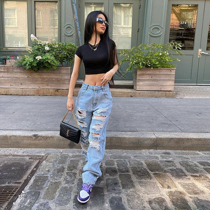 Amerikaanse Street Ripped Jeans Dames Lichte Kleur Hoge Taille