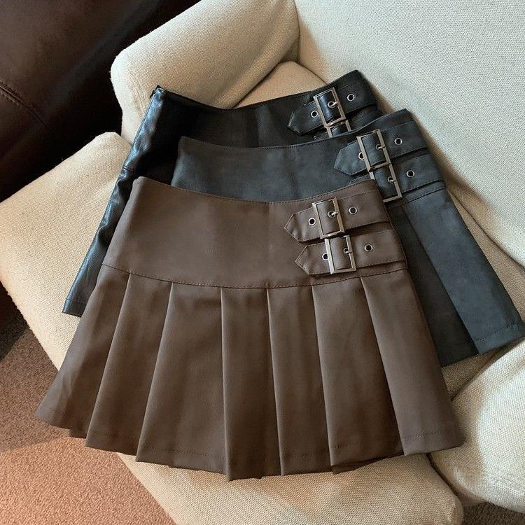 Womens High Waist Pleated PU Skirt