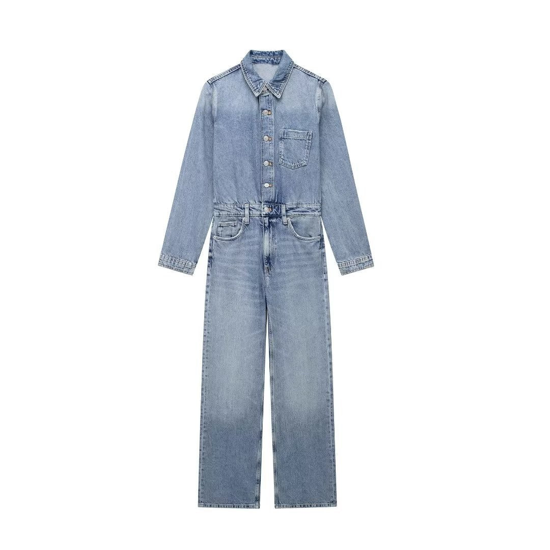 Long Sleeve Washed Denim Jumpsuit