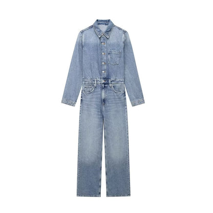 Long Sleeve Washed Denim Jumpsuit