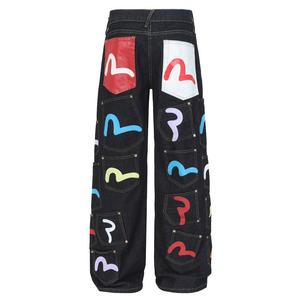 Jeans met meerdere zakken en print