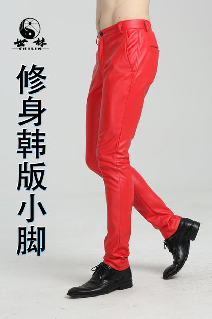 2025 new spring and autumn leather pants men's fashion skinny motorcycle leather pants thin plus size PU trousers wholesale