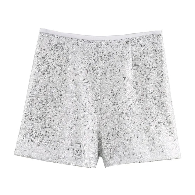 Summer New casual women's V-neck long sleeved sequined suit jacket casual high waisted shorts set