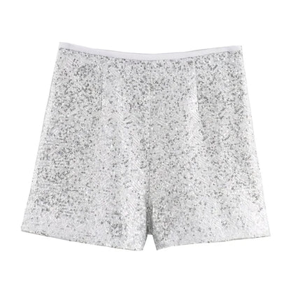 Summer New casual women's V-neck long sleeved sequined suit jacket casual high waisted shorts set