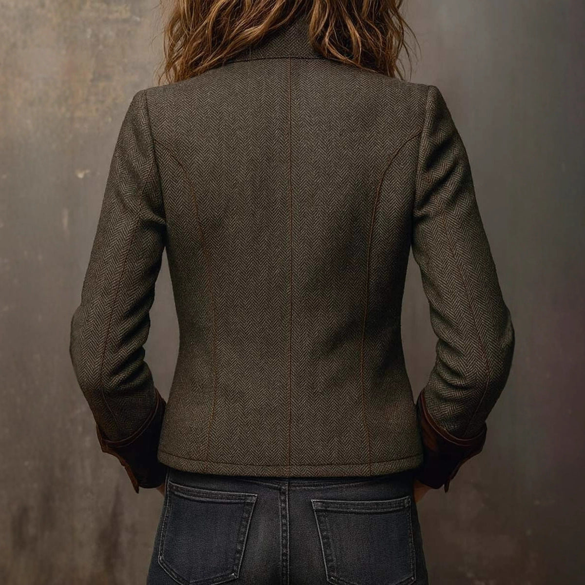 Vintage Herringbone Tweed Blazer with Velvet Trim