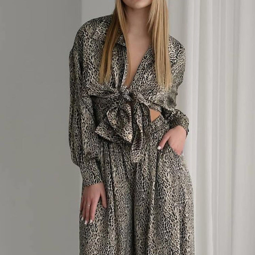 Style Summer Open Front Imitation Silk Leopard Print Long Sleeve Long Pants Loungewear Women's Fashion Loose Ice Silk Pajamas
