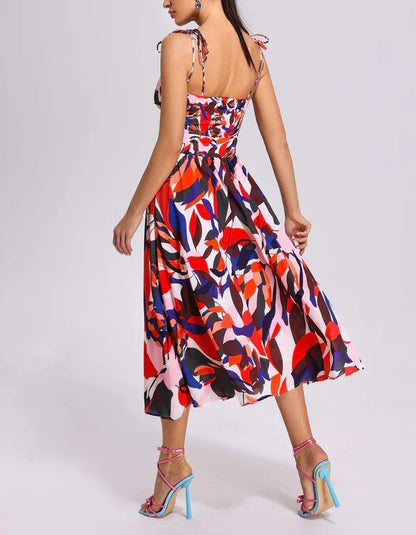 Bohemian dress, large swing beach skirt, summer strap, V-neck print, sleeveless backless new style