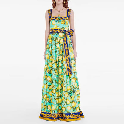 Elegant Stylish Maxi Dress Summer Camisole Strapless Slim Flower Pattern Dresses Lace Up Sashes Boho Dress