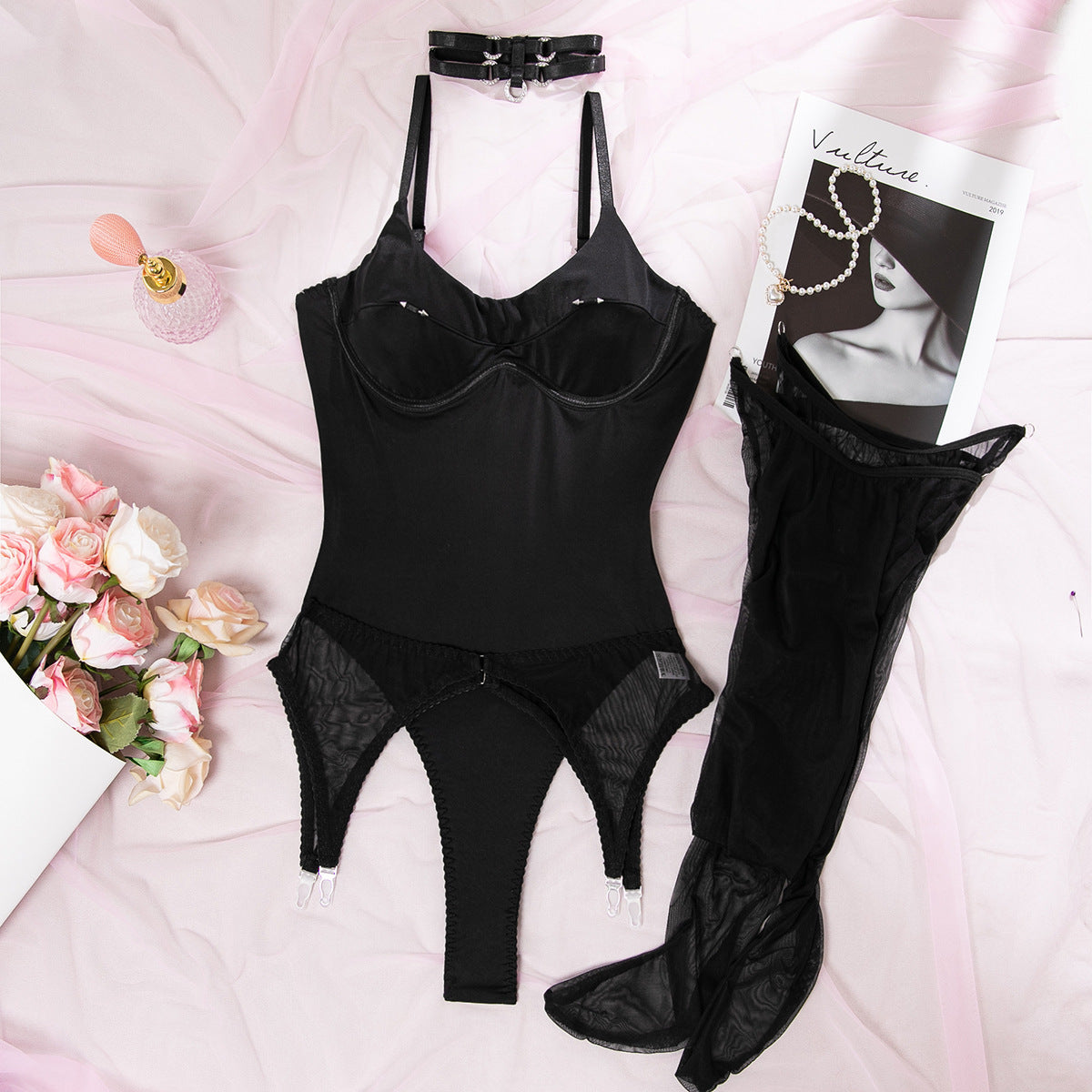 Mesh Lingerie Bodysuit Garter Set