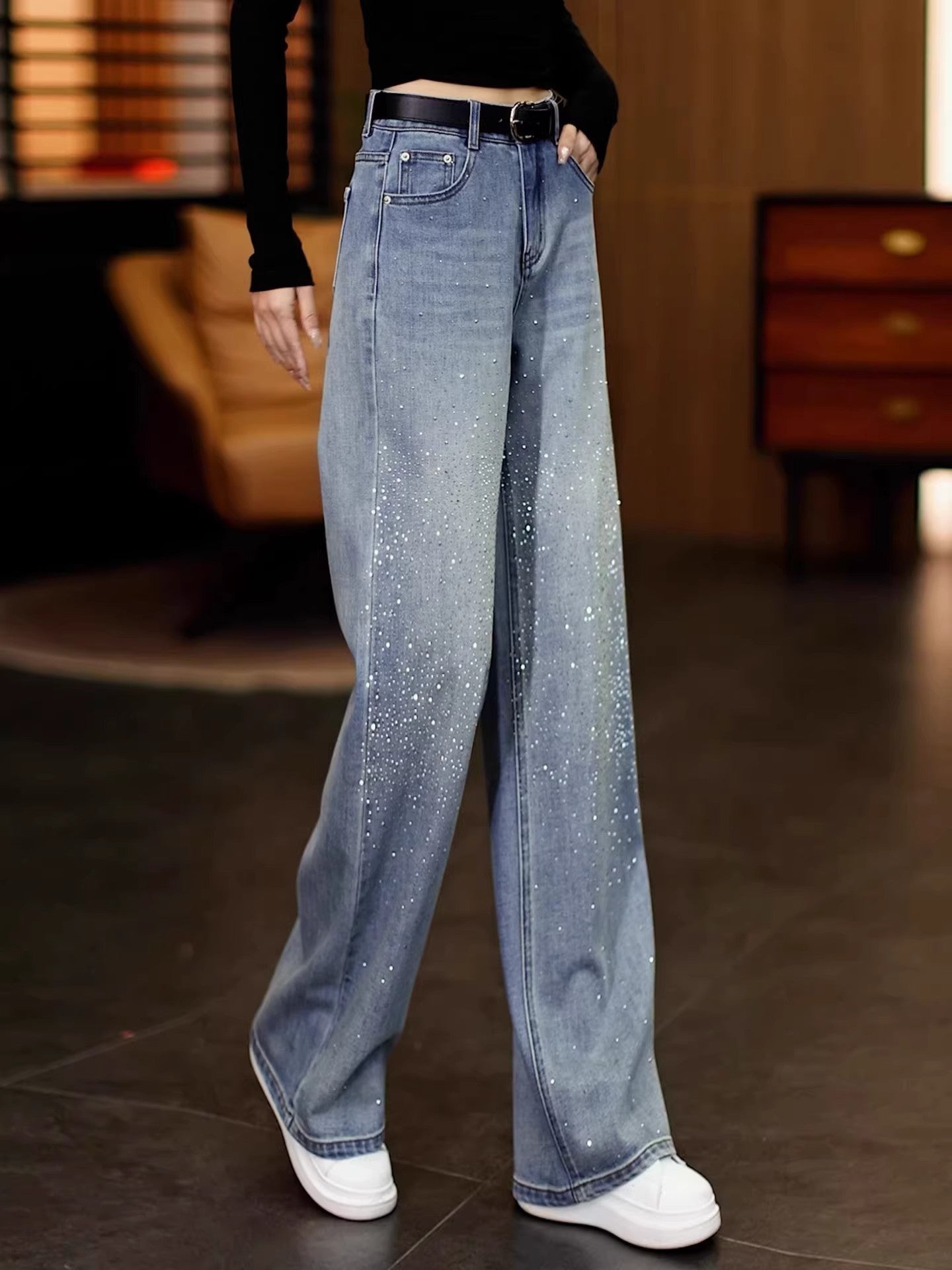 Rhinestone Wide Leg Denim Pants