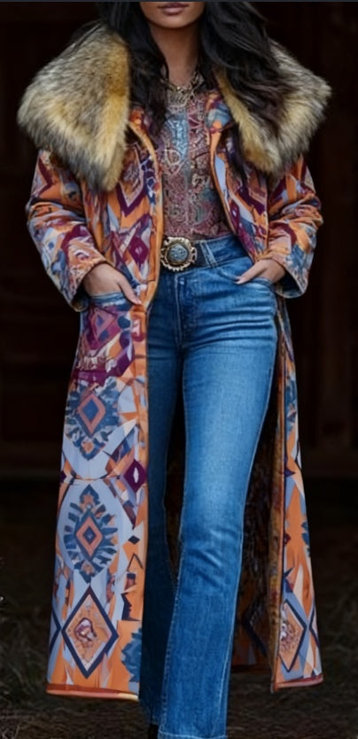 Retro Warm Printed Long Coat