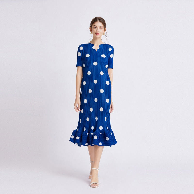 Dress for women with polka dot print, elegant, loose, slim, short-sleeved, summer pleated A-line skirt