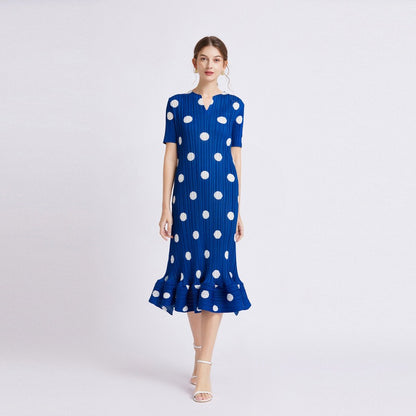 Dress for women with polka dot print, elegant, loose, slim, short-sleeved, summer pleated A-line skirt