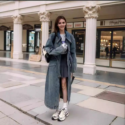 Women Long Denim Trench Coat
