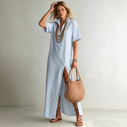 Gestreepte zomerjurk met V-hals voor dames