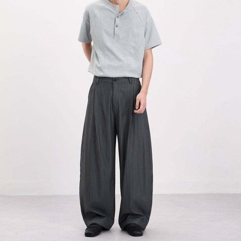 Men Women Retro Pleated Striped Baggy Wide Leg Trousers