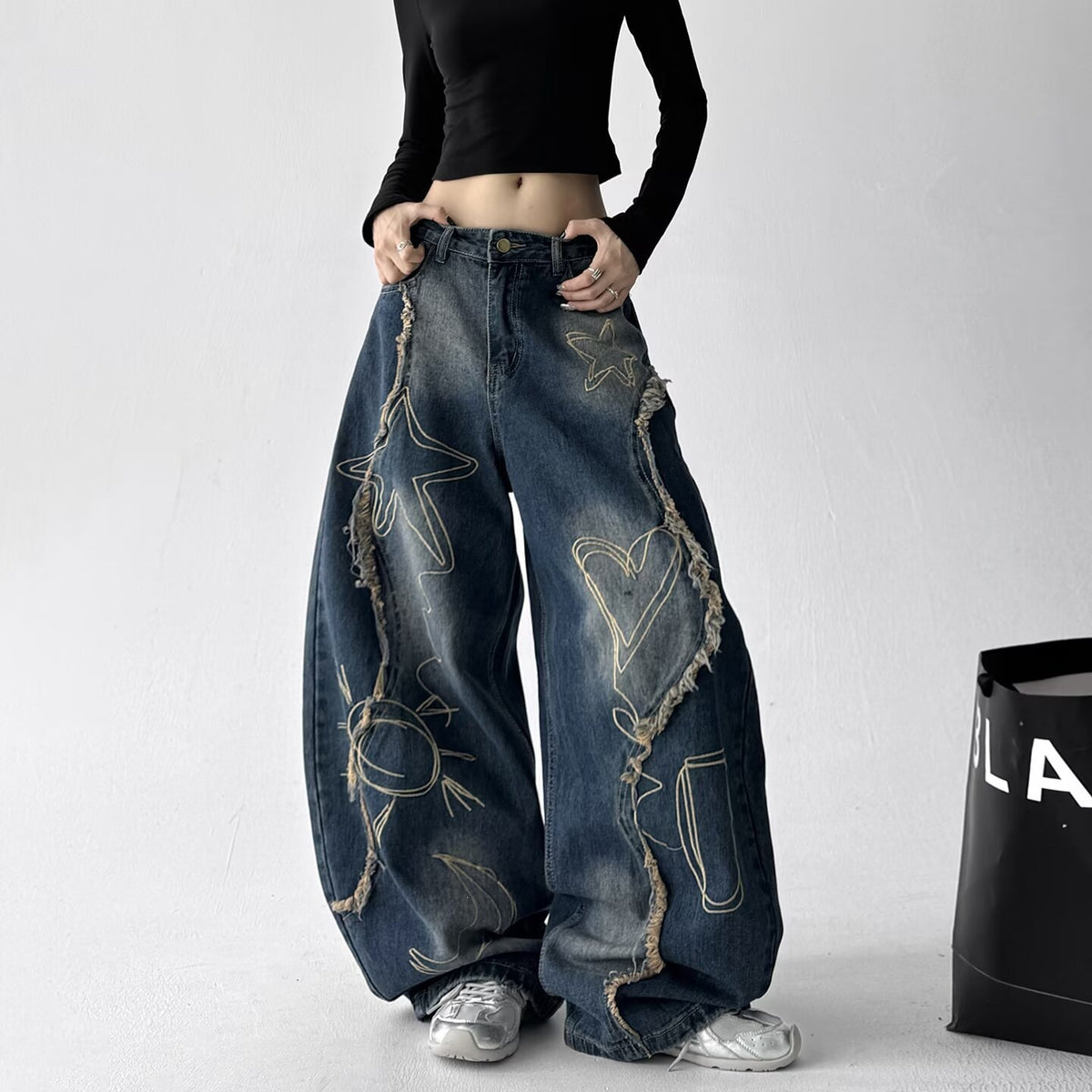 Retro Washed Embroidered Wide-Leg Jeans