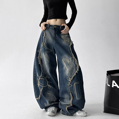 Retro Washed Embroidered Wide-Leg Jeans