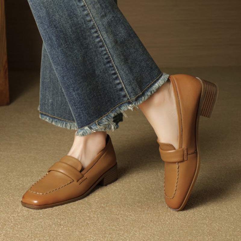 Genuine Leather Medium Heel Loafers for Women