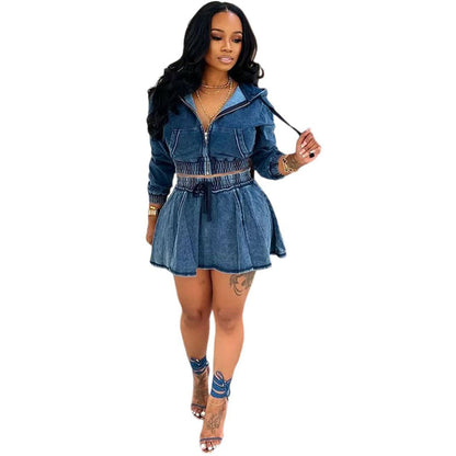 Women's Casual Dress Set, Washed Denim Jacket with Mini Skirt, Autumn Winter New Style Fashion Outfit
