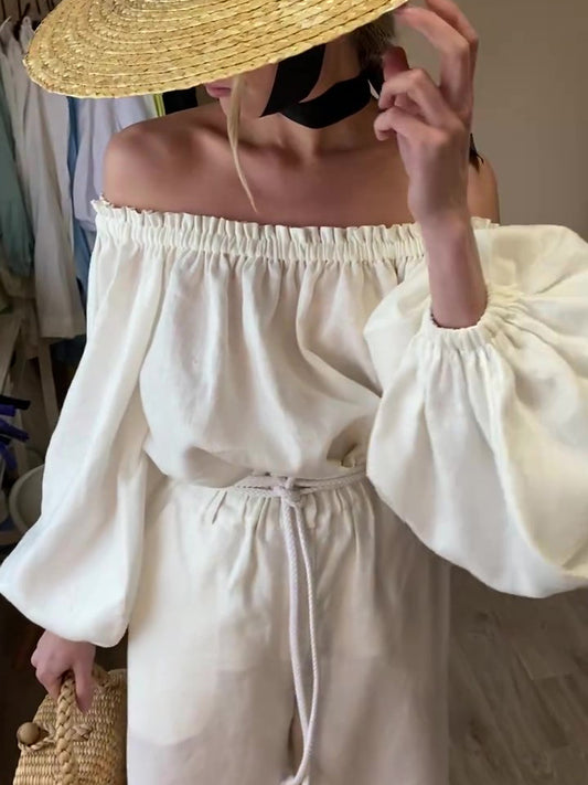 Katoenen en linnen one-shoulder top met lange mouwen en wijde broek set