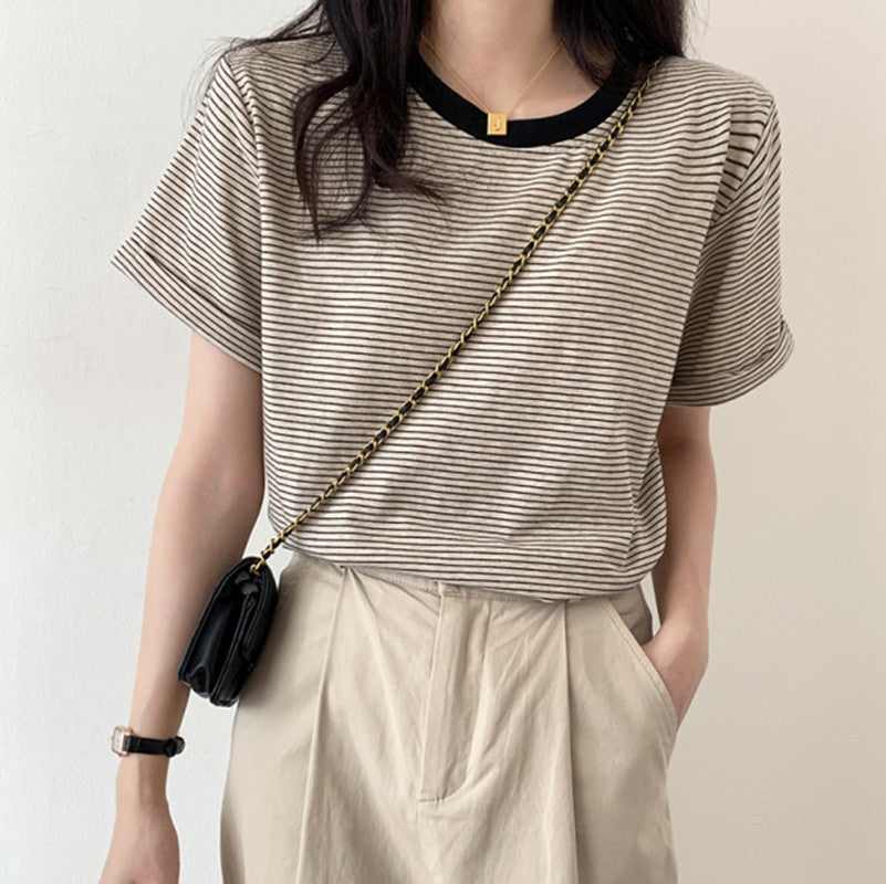 Striped T-Shirt Short Sleeve Women's Summer Casual Round Neck Loose Fit Trendy Minimalist Student Top