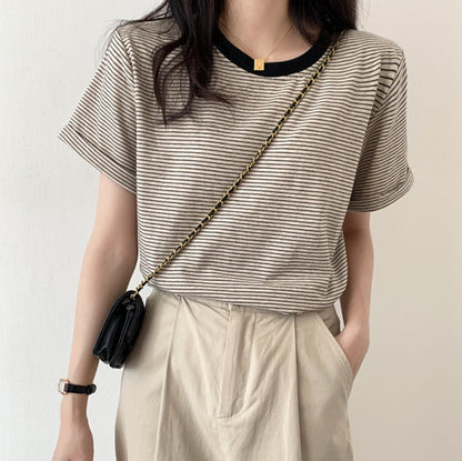 Striped T-Shirt Short Sleeve Women's Summer Casual Round Neck Loose Fit Trendy Minimalist Student Top