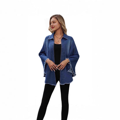Women's Denim Jacket Fashion Loose Turn-down Collar Batwing Sleeve Jacket Outerwear
