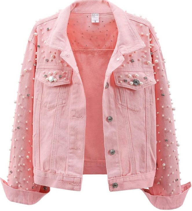 Women's Pearl Rhinestone Cropped Denim Jacket Long Sleeve Slim Fit