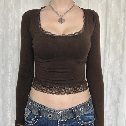 Womens Long Sleeve Lace Trim T-shirt