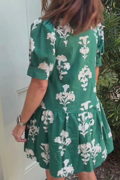 Mini-jurk met ruches V-hals pofmouwen en bloemenprint