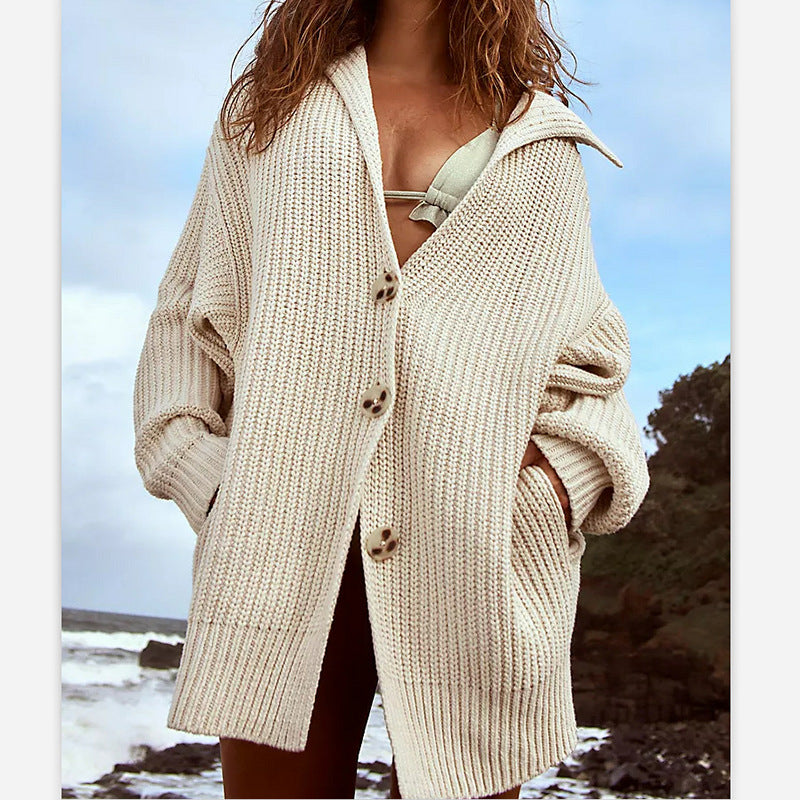 Women Loose Casual Solid Color Knitted Cardigan Sweater