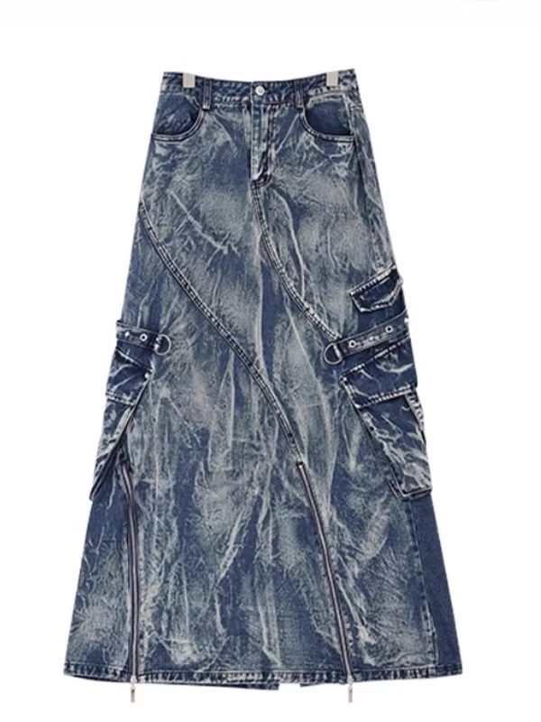 Vintage Washed Tie-Dye Denim Skirt with Zipper Detail