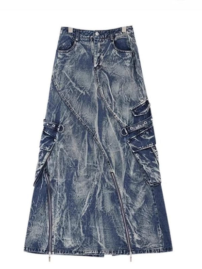 Vintage Washed Tie-Dye Denim Skirt with Zipper Detail