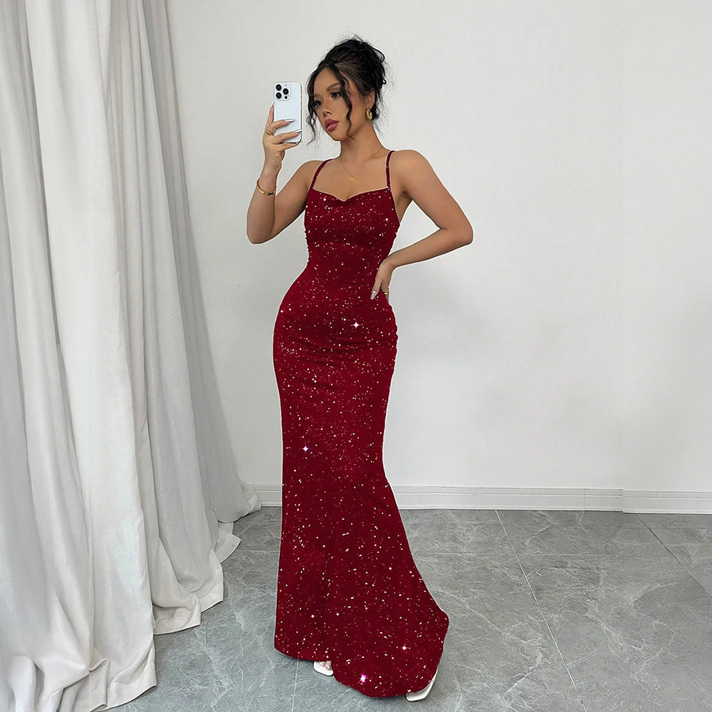 Women?s Sequined Halter Backless Mermaid Maxi Dress