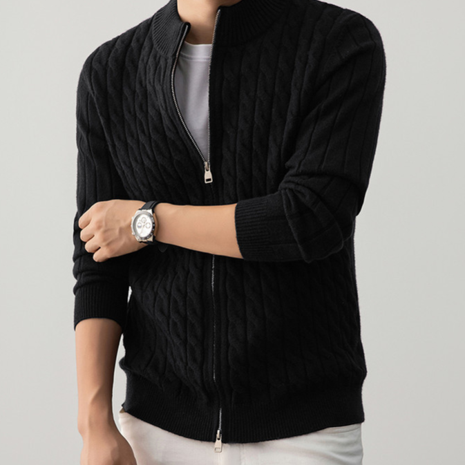 Men's button-down thick knitted cardigan with zipper closure