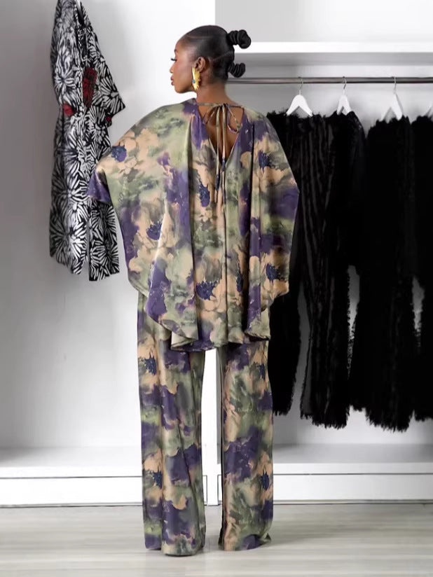 Women's Batwing Shirt and Printed Pants Set