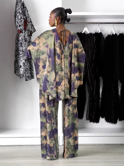 Women's Batwing Shirt and Printed Pants Set