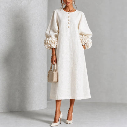 Elegant Floral Sleeve Cotton Linen Dress