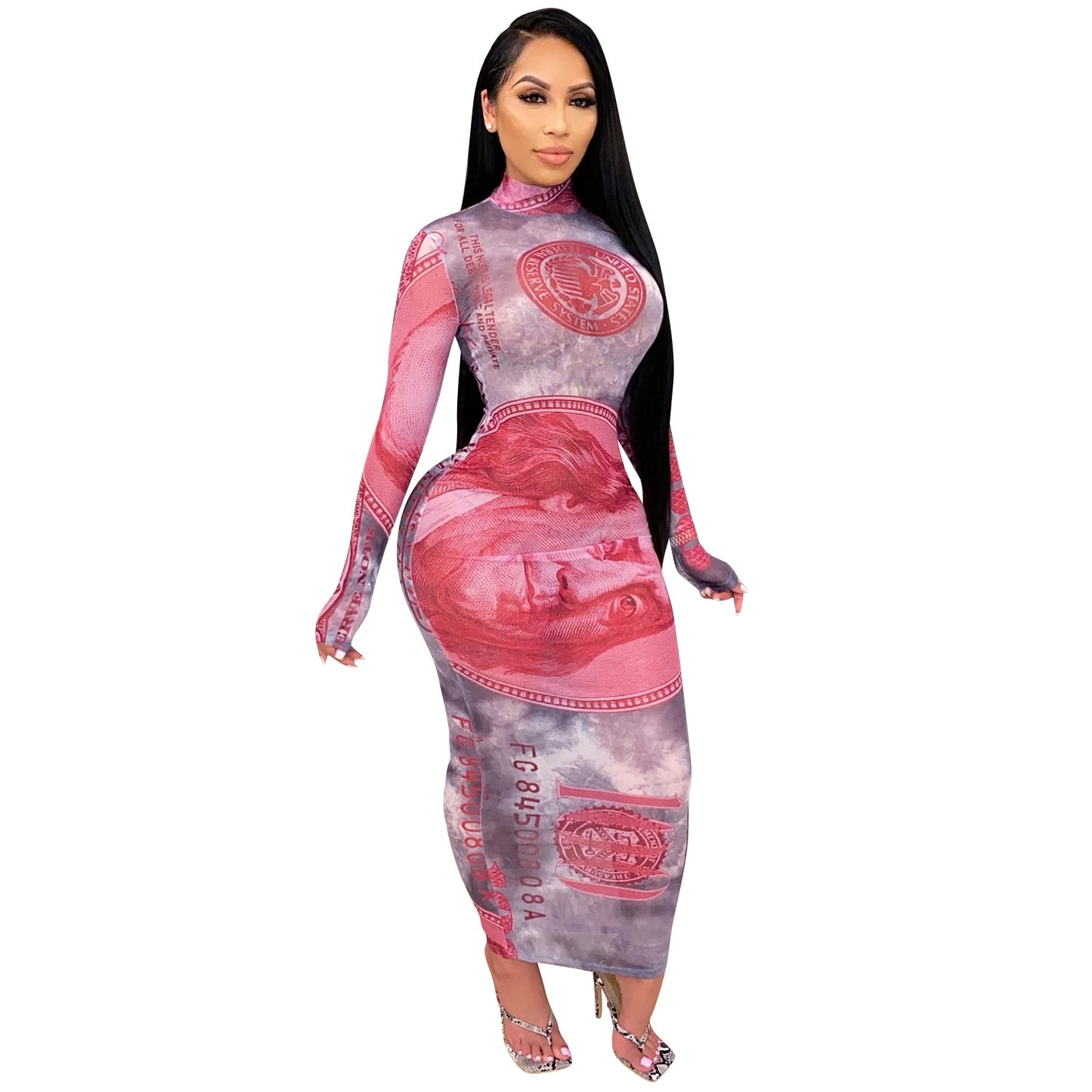 Autumn Winter NewStyle Sexy Mesh Sheer Printed Dollar Pattern Dress