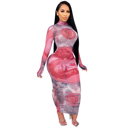 Autumn Winter NewStyle Sexy Mesh Sheer Printed Dollar Pattern Dress