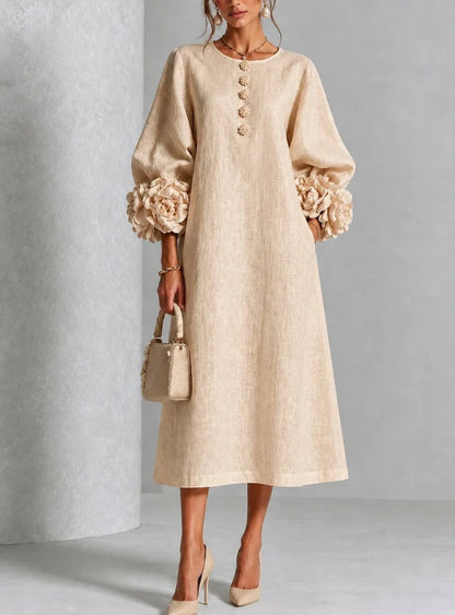 Elegant Floral Sleeve Cotton Linen Dress