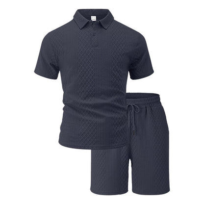 Mens Jacquard Lapel Polo Shirt Shorts Set