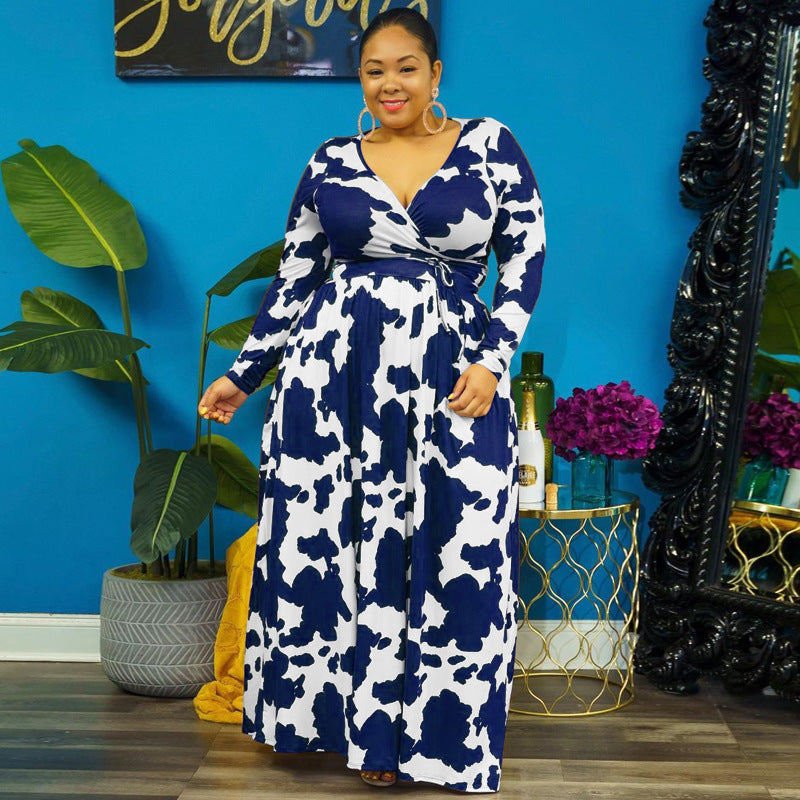 Modieus bedrukte wikkel maxi-jurk met lange mouwen zakken en hoge taille plus size