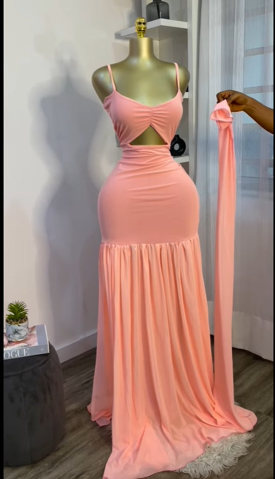 Style Strapless Spliced Sleeveless Dress with Scarf, Elegant Fitted Long Dress