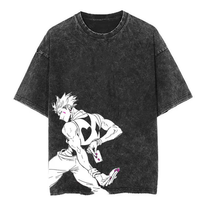 Summer New Fullmetal Alchemist Anime Print T-Shirt Summer Cotton Washed Vintage Distressed Short Sleeve Crew Neck