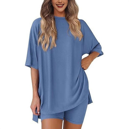 Loose Fit Casual Round Neck Short Sleeve Shorts TwoPiece Set
