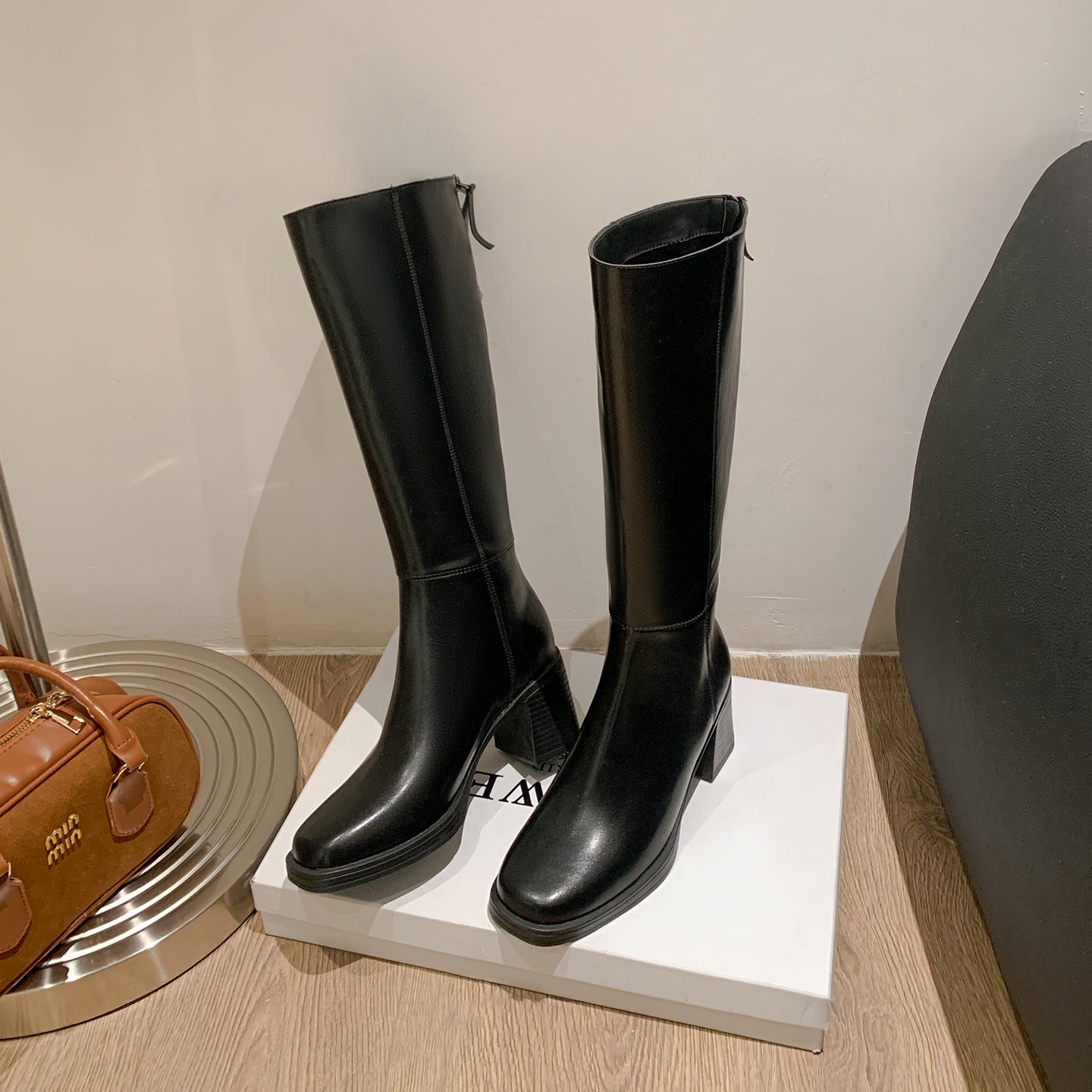 Cowhide Leather Women's Riding Boots Thick Sole High Boots