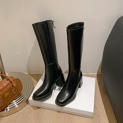 Cowhide Leather Women's Riding Boots Thick Sole High Boots