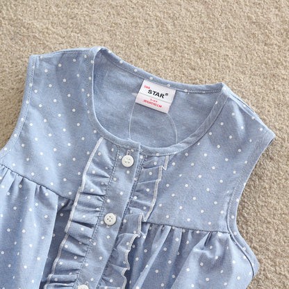 Floral pure cotton girls' polka dot embroidered short sleeved dress